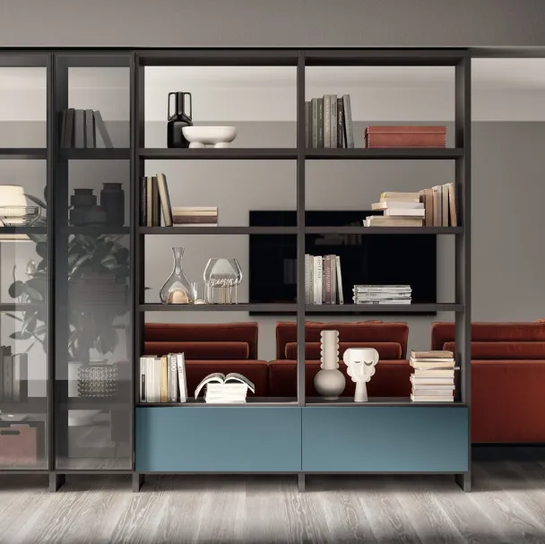 Libreria Living Motus sistema Fluida Grigio Ferro in laccato e alluminio di Scavolini