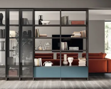 Libreria Living Motus sistema Fluida Grigio Ferro in laccato e alluminio di Scavolini