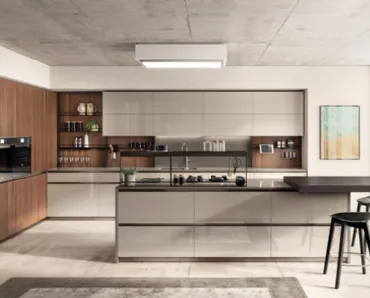 Cucina Moderna Boxi in laccato lucido Visone e Noce Sunset di Scavolini