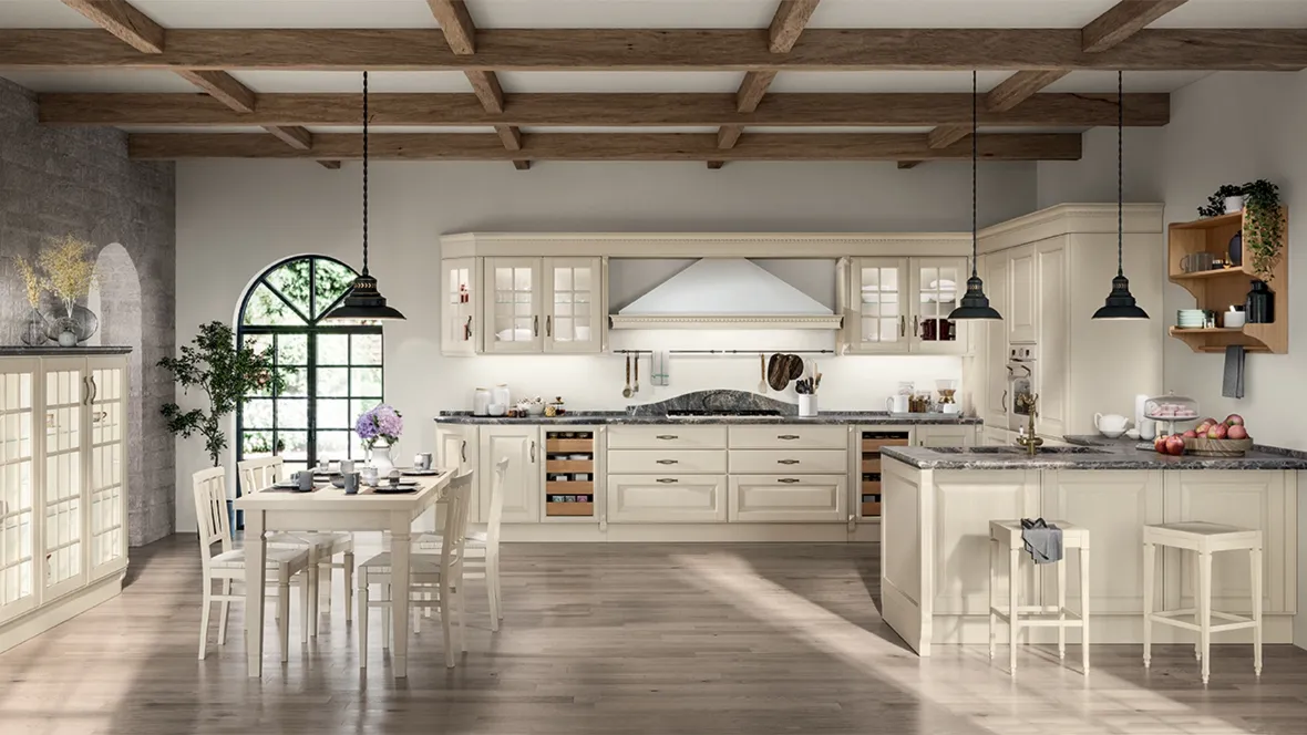 Cucina Shabby Chic angolare con penisola Baltimora in Frassino Bianco di Scavolini