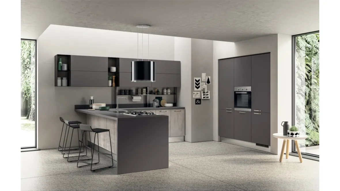 Cucina su misura con penisola Sax in decorativo Concrete Medium e Grafite di Scavolini